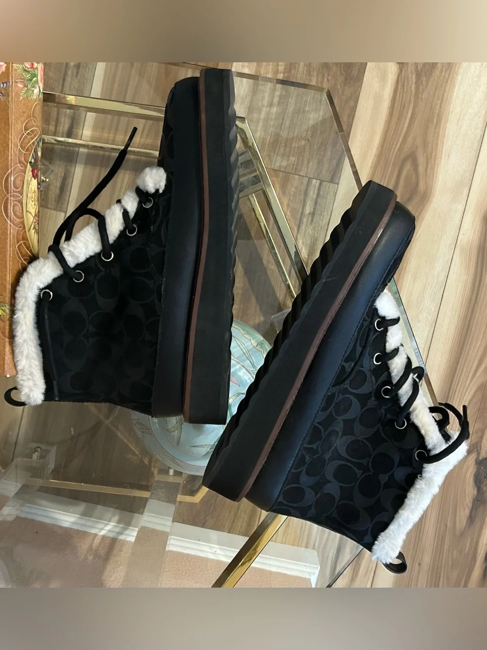 Coach Signature Imani Black White Ankle Booties with Faux Fur Trim Size 8.5